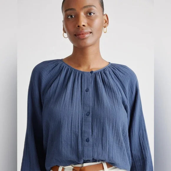 Quince 100% Organic Cotton Gauze Peasant Blouse; White; Medium - Picture 6 of 10